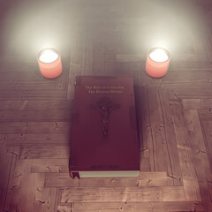 exorcism book on wooden floor