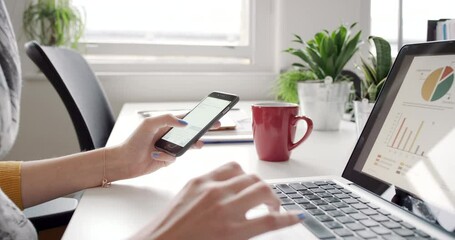 Poster - Woman, phone and laptop with chart, analytics and finance in office for planning, strategy and date. Digital financial expert, smartphone and computer with graph, typing and data analysis in office