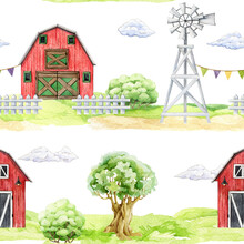 Farm Houses, Countryside Elements Seamless Pattern. Watercolor Illustration. Hand Drawn Red Barn, Windmill, White Fence, Oak Tree, Green Grass, Clouds. Countryside Landscape Scene Seamless Pattern
