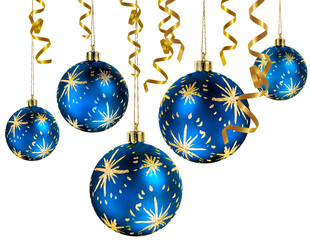 Wall Mural - blue christmas balls hanging with golden ribbons isolated