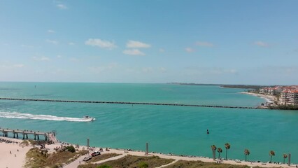 Sticker - Aerial view of South Pointe Park and buildings in Miami Beach with boat speeding up in canal