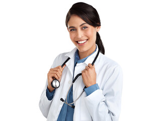 PNG Studio portrait of a confident young doctor posing against an isolated transparent png background.