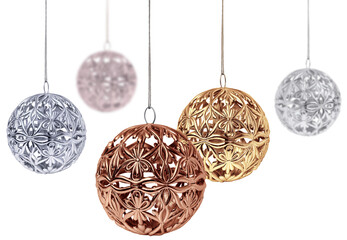 Wall Mural - five shiny silver, gold, copper, metallic colors christmas balls hanging, isolated