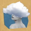 Leinwandbild Motiv Contemporary art collage. Creative design. Young woman having head in the clouds. Personal thoughts. Psychology