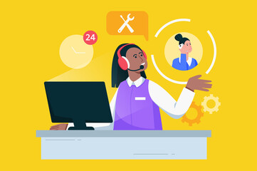 Wall Mural - Call center and customer support modern flat concept. Woman operator in headphones works on hotline, advises clients on phone around clock. Illustration with people scene for web banner design