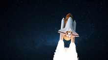 Shuttle Spacecraft With Ballast Takes Off Into Starry Space. Successful Rocket Launch On The Night Sky With Stars