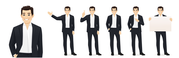 Asian business man in black suit different gestures set isolated vector illustration