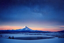 Beautiful View Of Starry Skies Over Mountain Tops And Forest, Snowy Winter Day
