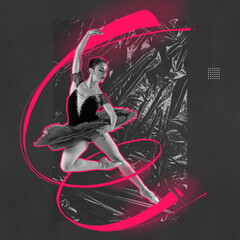 Wall Mural - Creative poster with portrait of graceful ballet dancer in stage costume in motion over grey background with crumpled plastic cellophane effect. Modern art, beauty, acid colors