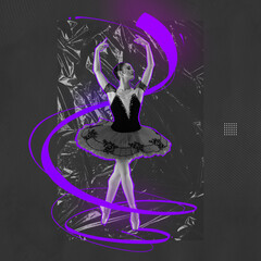 Wall Mural - Creative poster with portrait of graceful ballet dancer in stage costume in motion over grey background with crumpled plastic cellophane effect. Modern art, beauty, acid colors