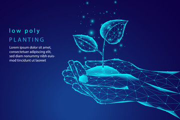 Abstract hand giving small plants in the soil, low poly pattern, blue geometric background design, connection structure, wireframe pattern.