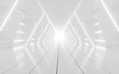 Wall Mural - White abstract tunnel with glowing neon lines, 3d rendering.