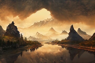 Wall Mural - Chinese Mountain and River. Fiction Backdrop. Concept Art. Realistic Illustration. Video Game Digital CG Artwork. Nature Scenery.