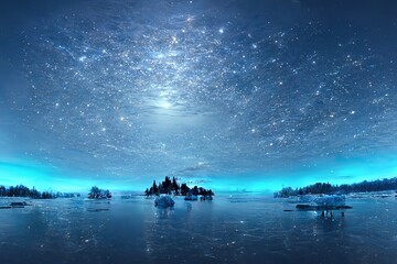 Icy blue landscape with lake and mountains