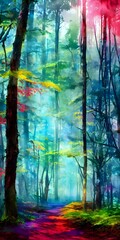 Wall Mural - The colors in the forest are so bright that they almost hurt to look at. The watercolor is a beautiful mess of greens, blues, and purples.