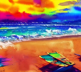 Wall Mural - The air is warm and humid, the sun lazily extends fiery oranges and reds as it melts into the horizon line. The ocean's surface looks like a scribbled watercolor painting; dusty blues mix with deep gr