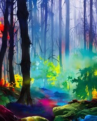 Wall Mural - This is a beautiful watercolor of a forest scene. The colors are very vibrant and the detail is amazing. You can see all the different trees and leaves, and even some birds in the distance. It's like 