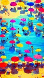 Fototapeta Pokój dzieciecy - The sun is shining and the waves are crashing on the shore. The beach umbrellas add a splash of color to the scene.