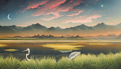 Canvas Print - Artistic illustration of a heron bird on a landscape with a lake.