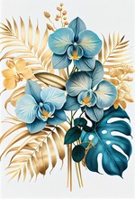 Light Blue Tropical Leaves And Orchid Flowers