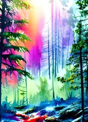 I see a colorful winter forest watercolor. The colors are so beautiful and vibrant that they almost seem to jump off the page. I can't imagine how long it must have taken the artist to paint this mast