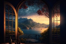 Fantasy Landscape Scene Viewed From The Balcony Window Of A High Tower. A Beautiful Lake Surrounded By Craggy Mountains, Golden Evening Sunset Light.
