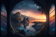 Fantasy Landscape Scene Viewed From The Window Of A High Tower. A Beautiful Lake Surrounded By Craggy Mountains, Golden Evening Sunset Light.