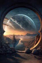 Fantasy Landscape Scene On An Alien World, View From The Window Of A Sci Fi Tower, Huge Moon In The Sky, Golden Sunset Light, Colony City By A River In The Distance