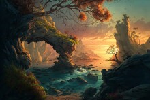 Fantasy Seascape Scene, Golden Sunset Light, Waves Crashing On The Shore