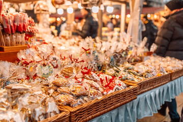 Traditional sweet dessert gingerbread at the Christmas Market in Krakow, Poland.  2024