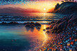Ocean beach sunset, fantasy seascape, digital art