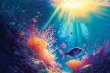 Digital Illustration Of Underwater Life, Caribbean Reef Fishes. Sun Rays Through Water, Fantasy Wallpaper.