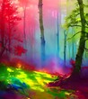 © dreamyart - In this painting, a winding forest path is lined with trees in all sorts of colors. Pinks, purples, blues, and greens mingle together in the leaves, while the trunks are different shades of brown. The