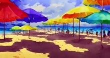 The Sun Is Shining Brightly And The Waves Are Crashing Onto The Shore. The Sand Is White And There Are Colorful Beach Umbrellas Dotted Around.
