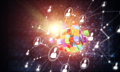 Wall Mural - concept of internet and networking with digital cube figure on dark background