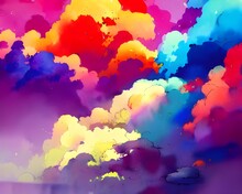 A Soft Blue Sky Is Accented With Fluffy White Clouds. Pops Of Bright Pink, Orange, And Yellow Bring The Scene To Life.
