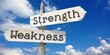 Strength and weakness - wooden signpost with two arrows