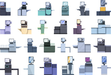 Self-service at the checkout icons set cartoon vector. Cash scan. Cashier terminal