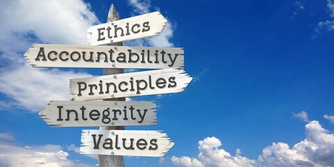 Wall Mural - Ethics, accountability, principles, integrity, values - wooden signpost with five arrows