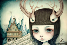 Surrealist Young Girl With Reindeer Antlers, Cute Fictional Girl, Winter Colors, Illustration, Digital