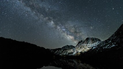Wall Mural - amazing time-lapse of the night sky with the stars being reflected in a lake.