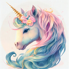 Unicorn illustration for children design. Rainbow hair. Isolated. Cute fantasy animal.