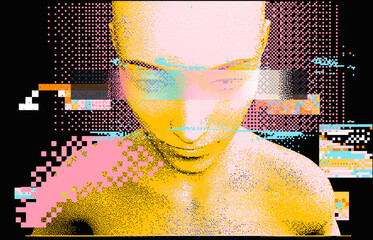 Poster - 3D model of a woman on a glitched and pixelated background. Concept of an artificial intelligence and machine learning.