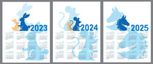 The 2023 2024 2025 Calendar Template With Vertical Monthly Columns And Rabbit Zodiac Sign,Rat Zodiac,horse Zodiac Sign.Calendar For 2023,2024 And 2025 On White Background For Organization And Business
