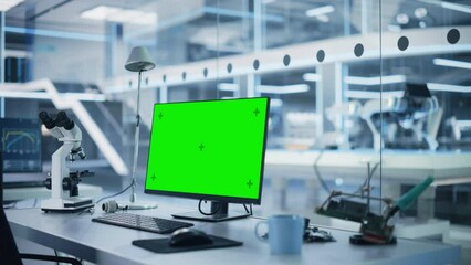 Fototapete - Modern Industrial Research Laboratory with Desktop Computer with Green Screen Mock Up Display. Scientific Lab, Engineering Research Center Full of High-Tech Equipment, Technology for Robot Development