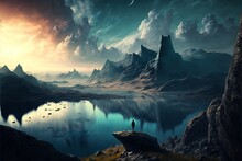 Landscape Scene On A Distant Fantasy Exoplanet, Mountain Peaks And A Misty Lake Under A Dramatic Cloud Filled Sky With A Moon Hanging Above, Reflections In Still Clear Water