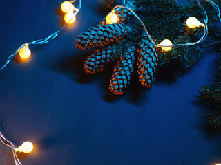 Canvas Print - Christmas tree branch with cones and garland, blue background with copy space