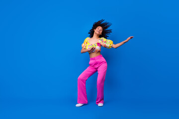 Canvas Print - Full body photo of cheerful adorable lady enjoy dancing have good mood isolated on blue color background