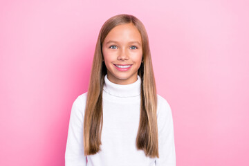 Poster - Photo of sweet cheery satisfied girl toothy smile dressed trendy white pullover outfit isolated on pink color background