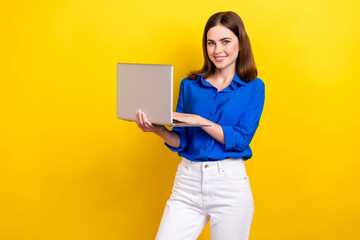 Canvas Print - Photo of adorable positive pretty lady arm pointing herself impressed surprise gift isolated on yellow color background